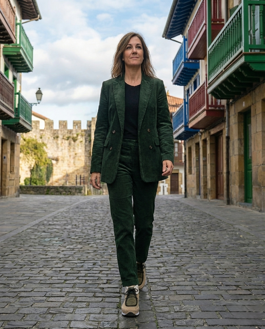 Look en tonos verdes con botines Louro verde de Juncal Aguirre